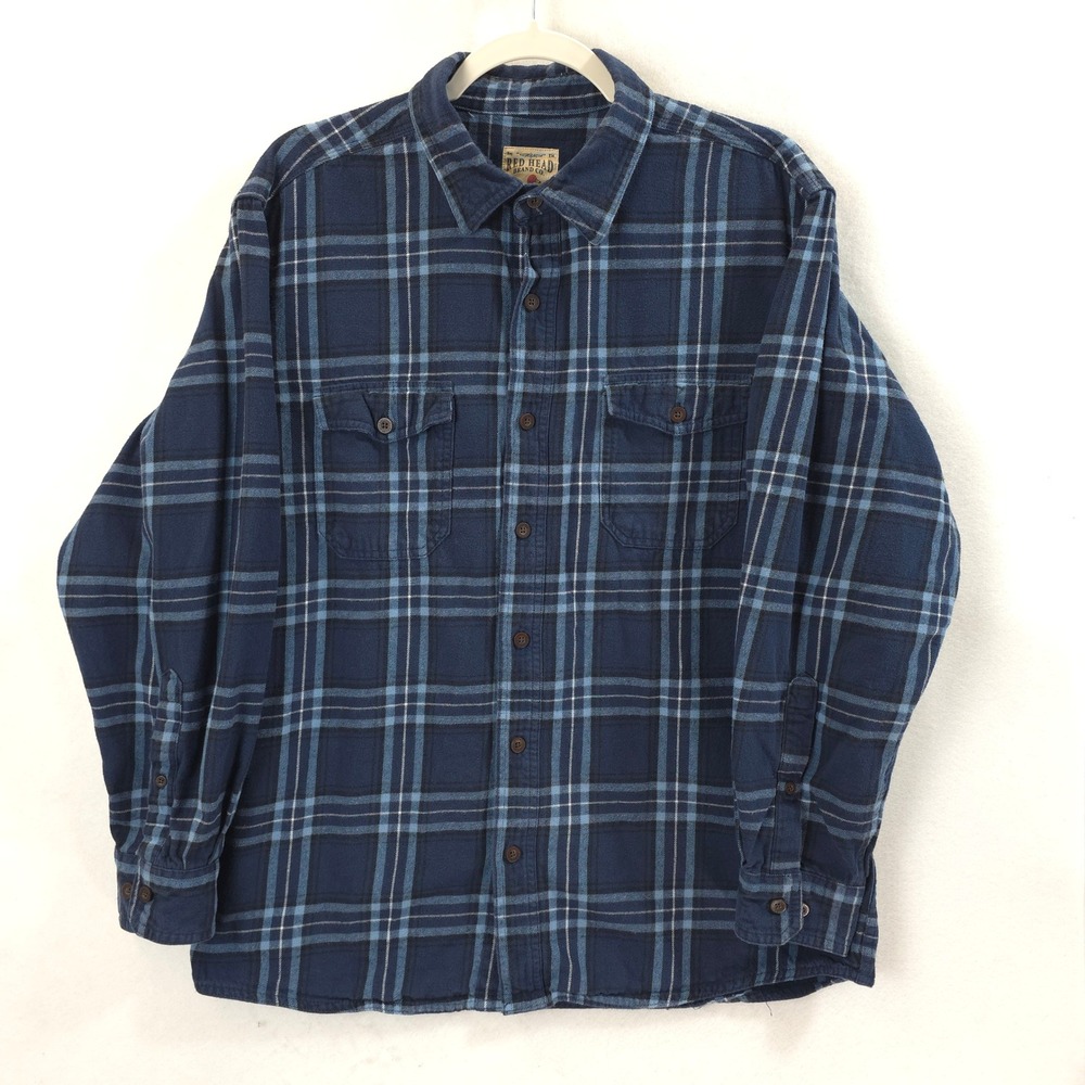 Red Head Flannel Shirt Plaid Navy Blue Mens Large Rugged Outdoor Style